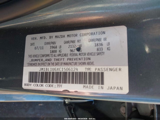 Aukcja sprzedaży 2012 Mazda Mazda3 I Sport, vin: JM1BL1UGXC1506124, numer aukcji: 45481643
