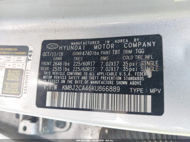 Aukcja sprzedaży 2019 Hyundai Tucson Se, vin: KM8J2CA46KU866889, numer aukcji: 45481665
