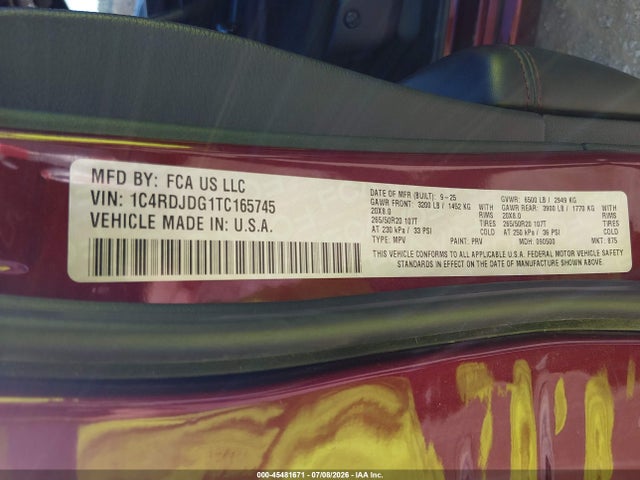 45481671 :رقم المزاد ، 1C4RDJDG1TC165745 vin ، 2026 Dodge Durango Gt Awd مزاد بيع