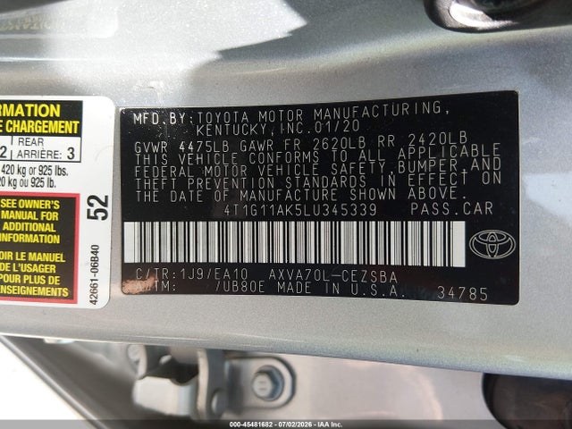 Aukcja sprzedaży 2020 Toyota Camry Se, vin: 4T1G11AK5LU345339, numer aukcji: 45481682