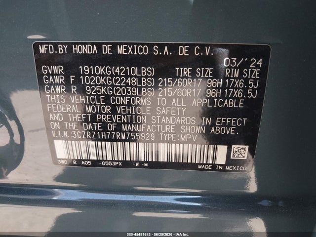 3CZRZ1H77RM755929 Honda Hr-v 2wd Ex-l/2wd Ex-l W/o Bsi