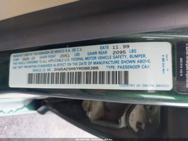 Продажа на аукционе авто 2000 Volkswagen Jetta Gls, vin: 3VWSA29M6YM088386, номер лота: 45481688