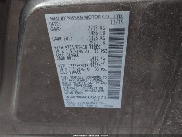Продаж на аукціоні авто 2016 Nissan Pathfinder Sl, vin: 5N1AR2MM4GC604271, номер лоту: 45481694