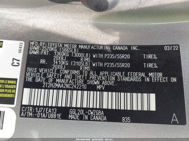 45481695 :رقم المزاد ، 2T2HZMAA2NC242210 vin ، 2022 Lexus Rx 350 مزاد بيع