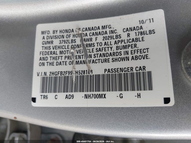 2012 Honda Civic Ex-l მანქანა იყიდება აუქციონზე, vin: 2HGFB2F99CH528188, აუქციონის ნომერი: 45481704