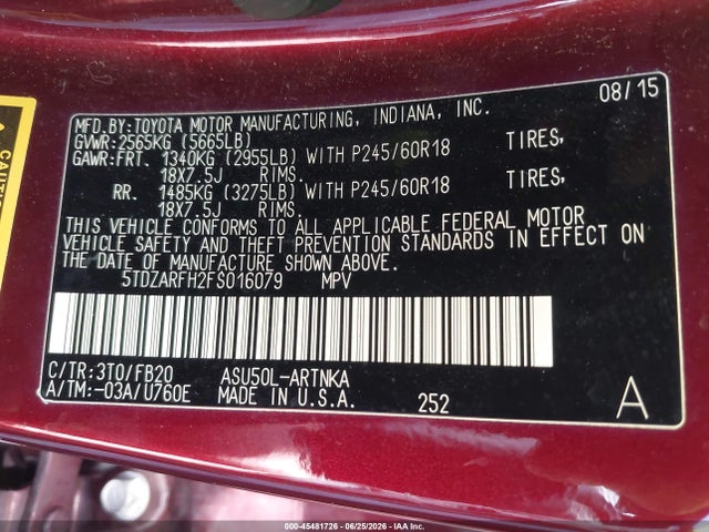 Toyota Highlander Le 2015 5TDZARFH2FS016079 Image 9