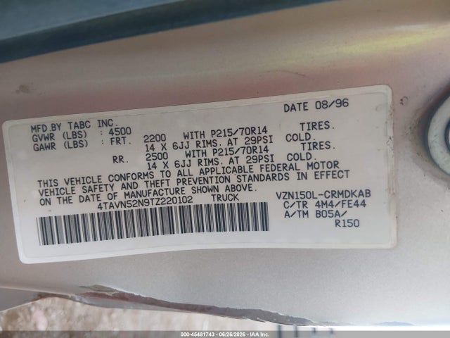 45481743 :رقم المزاد ، 4TAVN52N9TZ220102 vin ، 1996 Toyota Tacoma Xtracab مزاد بيع