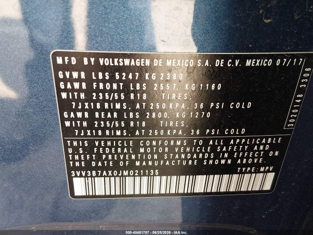 45481787 :رقم المزاد ، 3VV3B7AX0JM021135 vin ، 2018 Volkswagen Tiguan 2.0t Se/2.0t Sel مزاد بيع