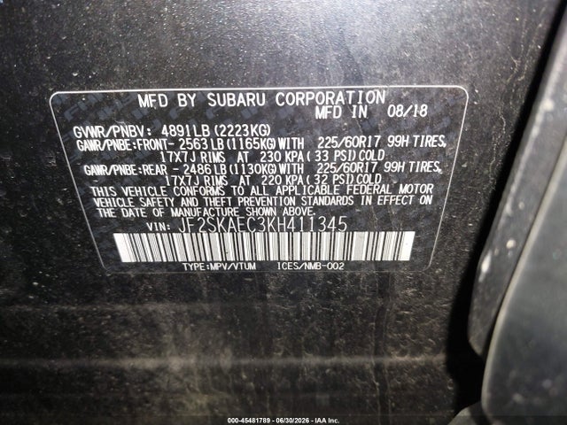 2019 Subaru Forester Premium მანქანა იყიდება აუქციონზე, vin: JF2SKAEC3KH411345, აუქციონის ნომერი: 45481789