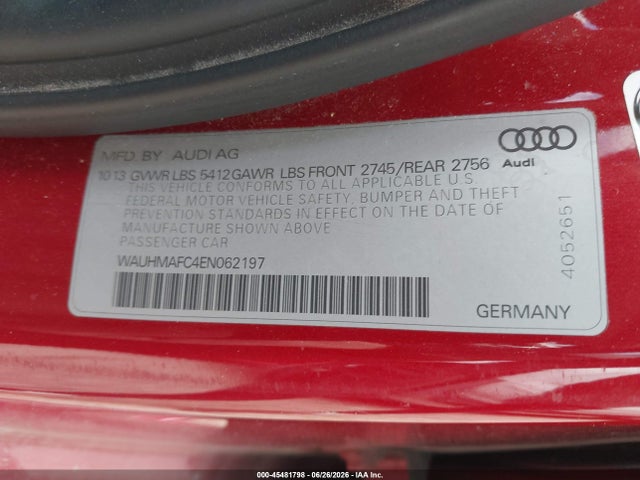 45481798 :رقم المزاد ، WAUHMAFC4EN062197 vin ، 2014 Audi A6 3.0 Tdi Premium Plus مزاد بيع