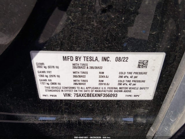 7SAXCBE6XNF356093 Tesla Model X Plaid Tri Motor All-wheel Drive