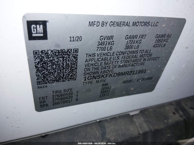 2021 Chevrolet Suburban 4wd Premier მანქანა იყიდება აუქციონზე, vin: 1GNSKFKD9MR211891, აუქციონის ნომერი: 45481806