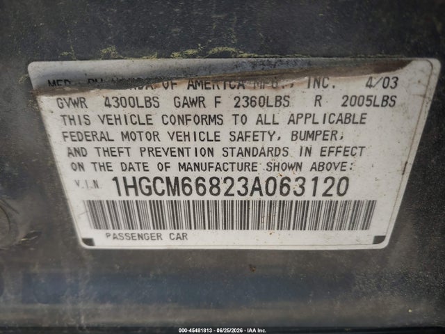 45481813 :رقم المزاد ، 1HGCM66823A063120 vin ، 2003 Honda Accord 3.0 Ex مزاد بيع