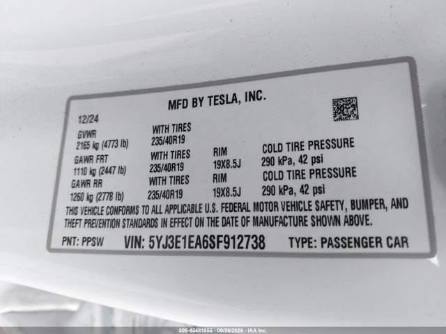 5YJ3E1EA6SF912738 Tesla Model 3 Long Range Rear-wheel Drive/standard Rear-wheel Drive