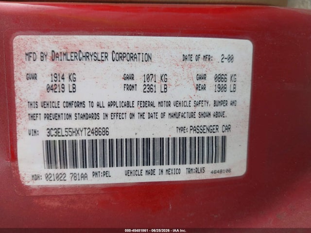 Продаж на аукціоні авто 2000 Chrysler Sebring Jxi, vin: 3C3EL55HXYT248686, номер лоту: 45481861