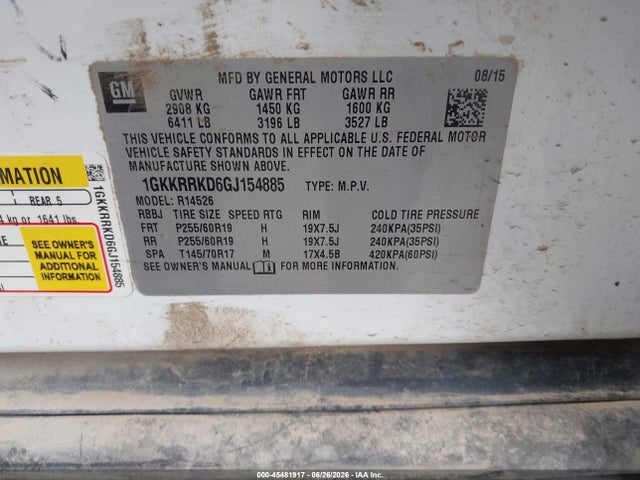 Aukcja sprzedaży 2016 Gmc Acadia Slt-1, vin: 1GKKRRKD6GJ154885, numer aukcji: 45481917
