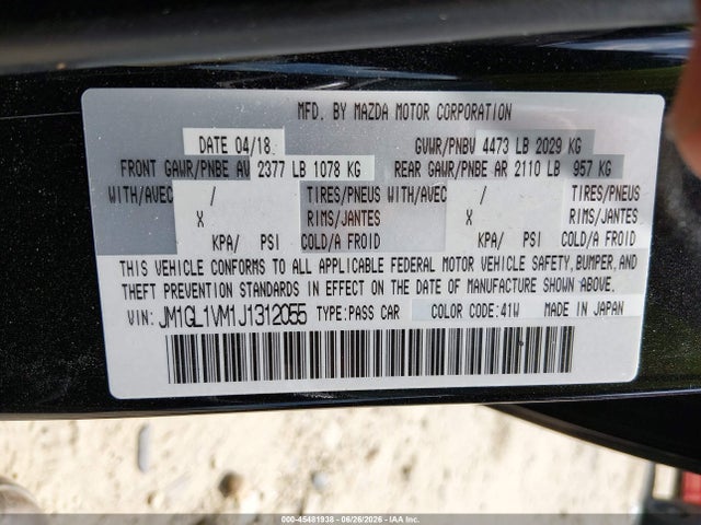 Aukcja sprzedaży 2018 Mazda Mazda6 Touring, vin: JM1GL1VM1J1312055, numer aukcji: 45481938