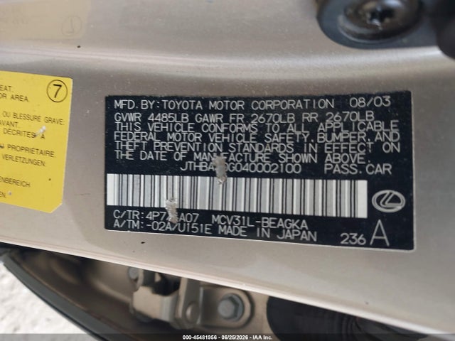 2004 Lexus Es 330 მანქანა იყიდება აუქციონზე, vin: JTHBA30G040002100, აუქციონის ნომერი: 45481956