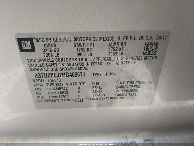 Продаж на аукціоні авто 2017 Gmc Sierra 1500 Denali, vin: 3GTU2PEJ7HG408671, номер лоту: 45481967