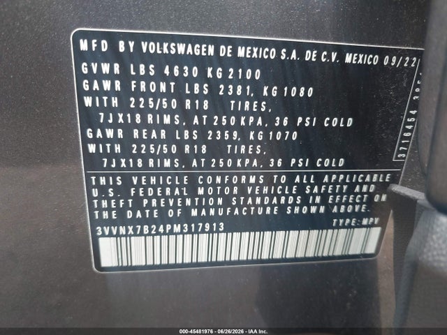 Aukcja sprzedaży 2023 Volkswagen Taos 1.5t Se, vin: 3VVNX7B24PM317913, numer aukcji: 45481976