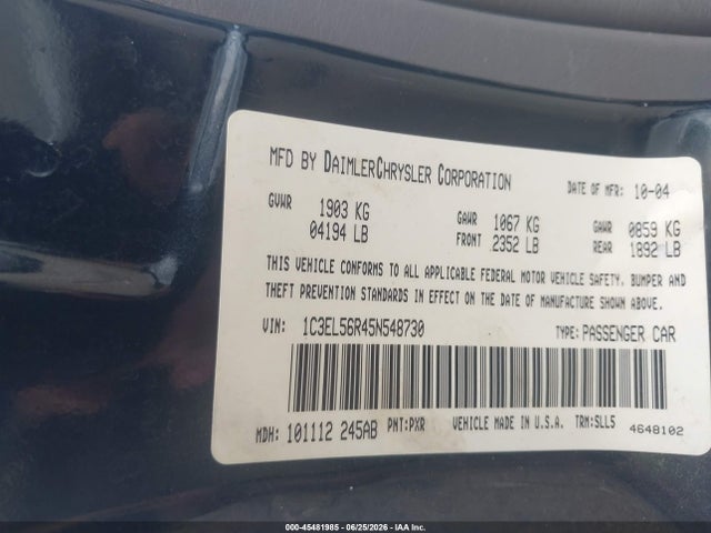 2005 Chrysler Sebring Touring მანქანა იყიდება აუქციონზე, vin: 1C3EL56R45N548730, აუქციონის ნომერი: 45481985