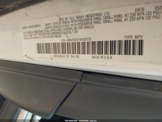 Aukcja sprzedaży 2008 Subaru Tribeca Limited 5-passenger, vin: 4S4WX92D184420179, numer aukcji: 45481988