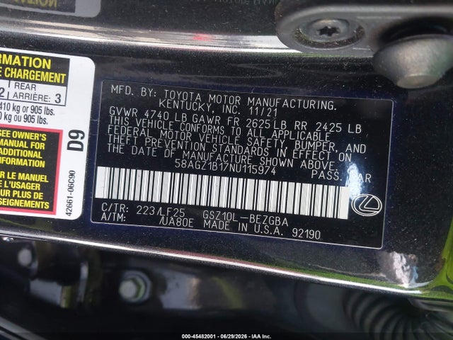 45482001 :رقم المزاد ، 58AGZ1B17NU115974 vin ، 2022 Lexus Es 350 F Sport مزاد بيع