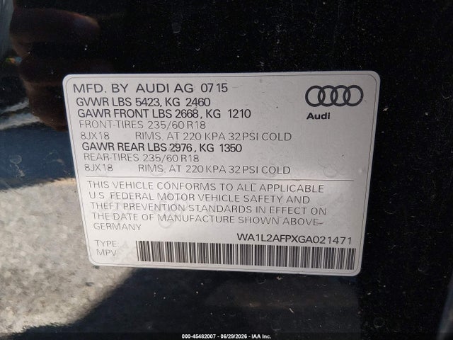 Aukcja sprzedaży 2016 Audi Q5 2.0t Premium, vin: WA1L2AFPXGA021471, numer aukcji: 45482007