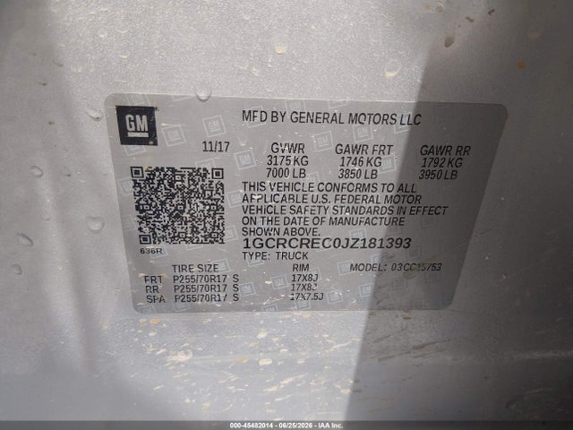 Aukcja sprzedaży 2018 Chevrolet Silverado 1500 1lt, vin: 1GCRCREC0JZ181393, numer aukcji: 45482014
