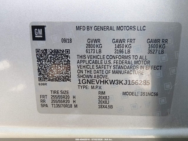 45482016 :رقم المزاد ، 1GNEVHKW3KJ156285 vin ، 2019 Chevrolet Traverse 3lt مزاد بيع
