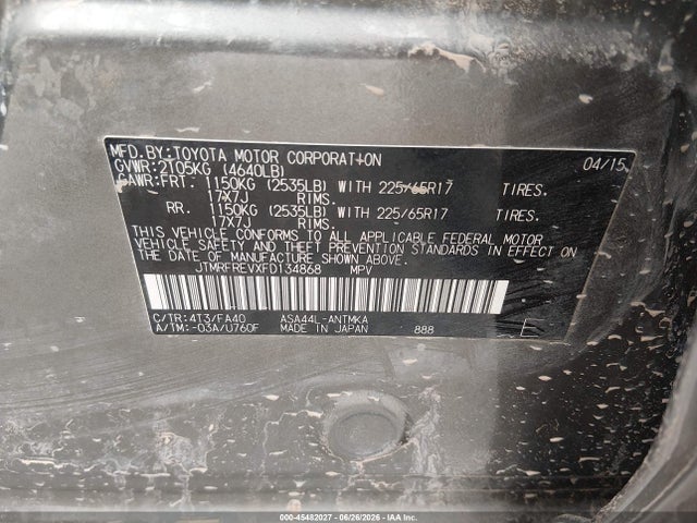 45482027 :رقم المزاد ، JTMRFREVXFD134868 vin ، 2015 Toyota Rav4 Xle مزاد بيع