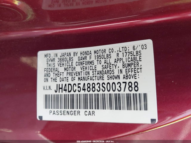Aukcja sprzedaży 2003 Acura Rsx, vin: JH4DC54883S003788, numer aukcji: 45482048