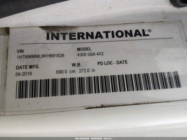 45482049 :رقم المزاد ، 1HTMMMML9KH691828 vin ، 2019 International Durastar 4300 مزاد بيع