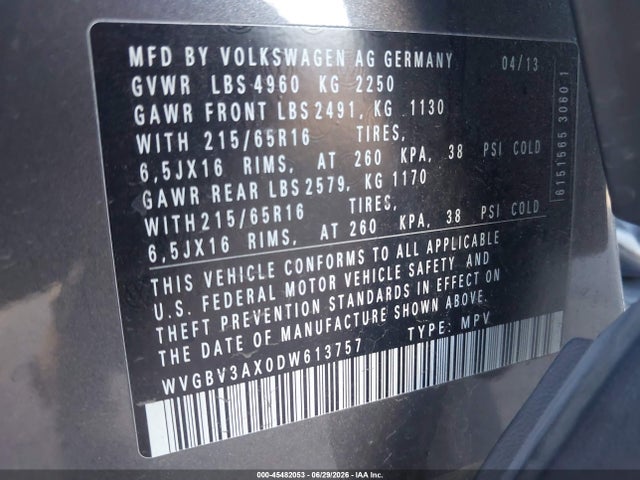 45482053 :رقم المزاد ، WVGBV3AX0DW613757 vin ، 2013 Volkswagen Tiguan S مزاد بيع