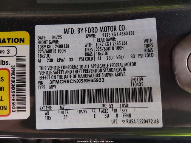 2025 Ford Bronco Sport Outer Banks მანქანა იყიდება აუქციონზე, vin: 3FMCR9CNXSRE65933, აუქციონის ნომერი: 45482076