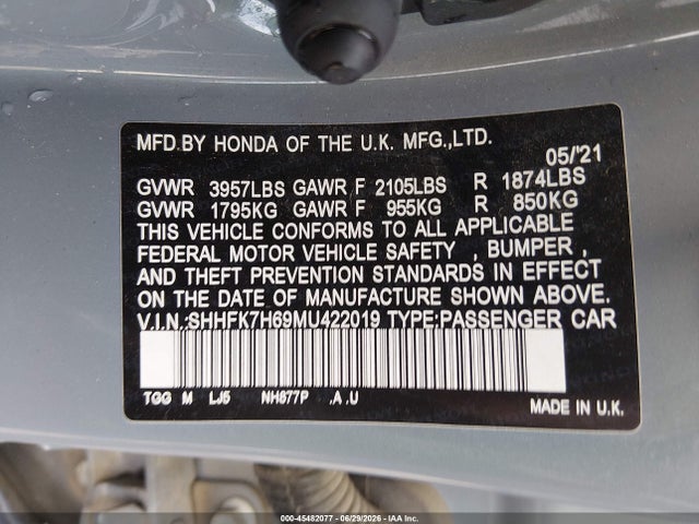Honda CIVIC EX 2021 SHHFK7H69MU422019 Image 9