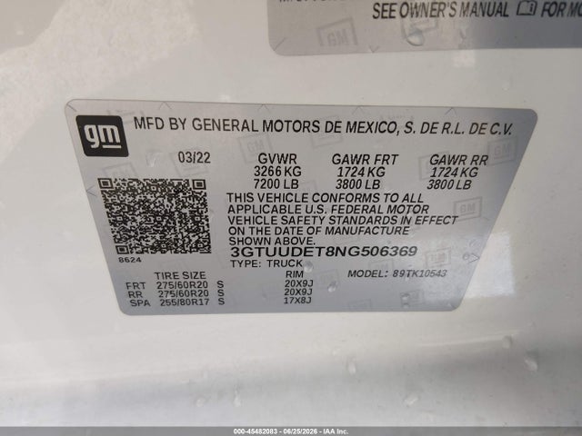 45482083 :رقم المزاد ، 3GTUUDET8NG506369 vin ، 2022 Gmc Sierra 1500 4wd  Short Box Slt مزاد بيع