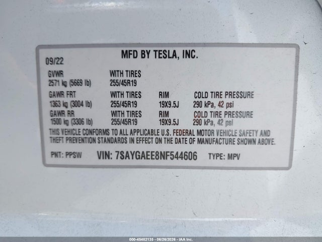 45482135 :رقم المزاد ، 7SAYGAEE8NF544606 vin ، 2022 Tesla Model Y Long Range Dual Motor All-wheel Drive مزاد بيع
