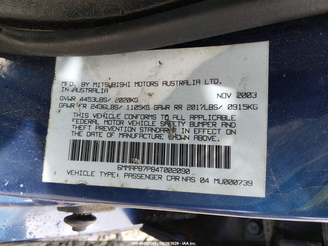 Auction sale of the 2004 Mitsubishi Diamante Vr-x, vin: 6MMAP87P84T002090, lot number: 45482142