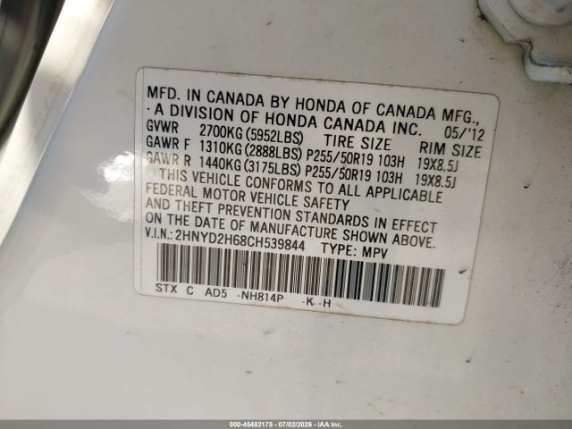 45482175 :رقم المزاد ، 2HNYD2H68CH539844 vin ، 2012 Acura Mdx Advance Package مزاد بيع