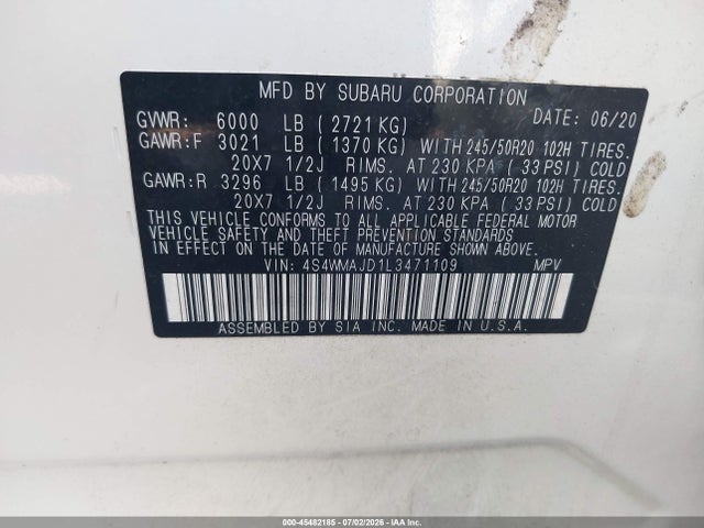 Продаж на аукціоні авто 2020 Subaru Ascent Limited, vin: 4S4WMAJD1L3471109, номер лоту: 45482185