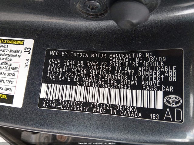45482187 :رقم المزاد ، 2T1BU4EE3AC251840 vin ، 2010 Toyota Corolla S مزاد بيع