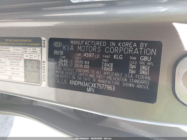Aukcja sprzedaży 2019 Kia Sportage Ex, vin: KNDPN3ACXK7577963, numer aukcji: 45482201