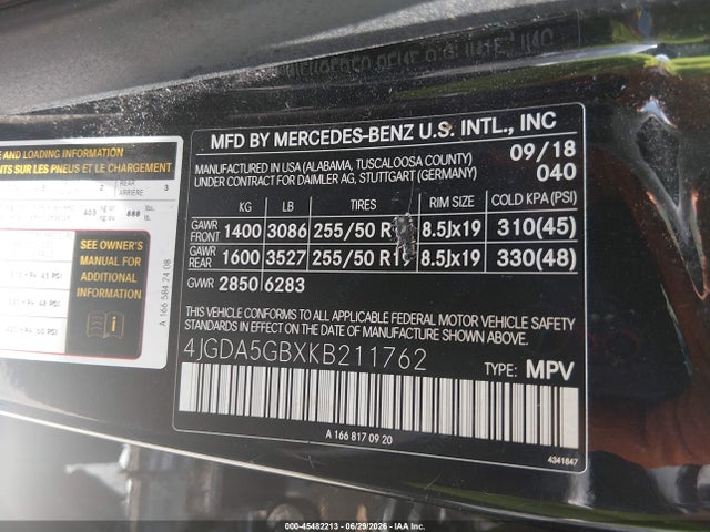 45482213 :رقم المزاد ، 4JGDA5GBXKB211762 vin ، 2019 Mercedes-benz Gle 400 4matic مزاد بيع