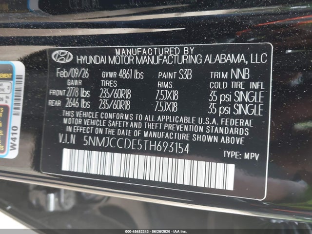 Aukcja sprzedaży 2026 Hyundai Tucson Sel Premium, vin: 5NMJCCDE5TH693154, numer aukcji: 45482243