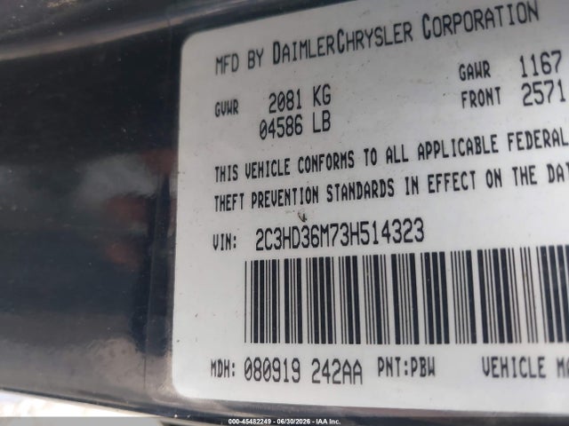 Продажа на аукционе авто 2003 Chrysler Concorde Lxi, vin: 2C3HD36M73H514323, номер лота: 45482249
