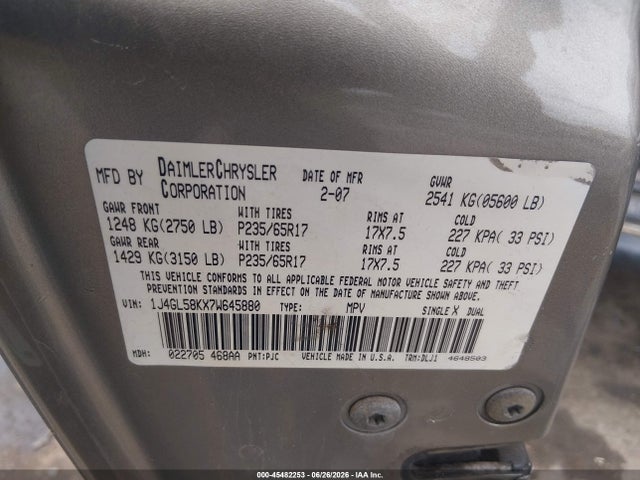 Продаж на аукціоні авто 2007 Jeep Liberty Limited Edition, vin: 1J4GL58KX7W645880, номер лоту: 45482253