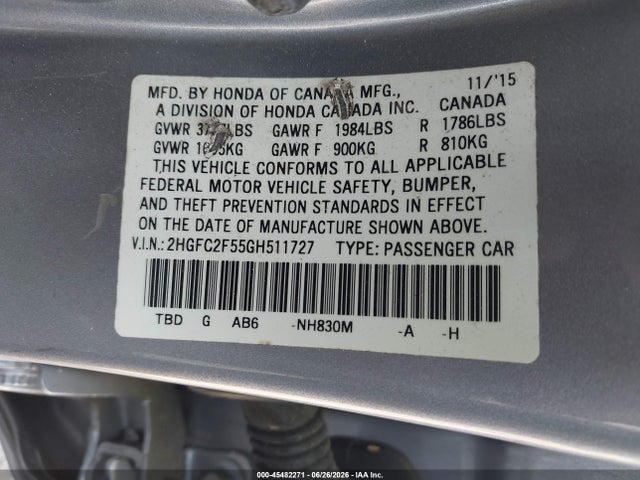 Продажа на аукционе авто 2016 Honda Civic Lx, vin: 2HGFC2F55GH511727, номер лота: 45482271