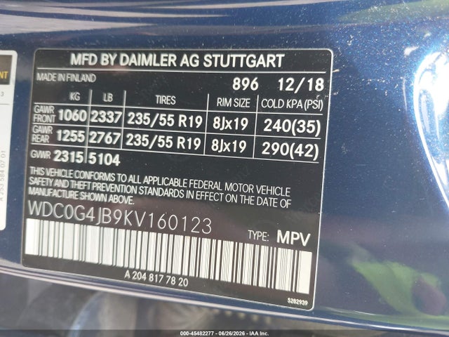 45482277 :رقم المزاد ، WDC0G4JB9KV160123 vin ، 2019 Mercedes-benz Glc 300 مزاد بيع
