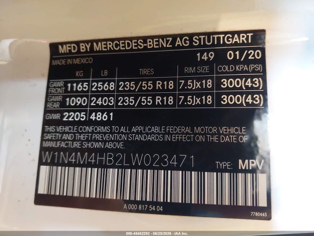 45482292 :رقم المزاد ، W1N4M4HB2LW023471 vin ، 2020 Mercedes-benz Glb 250 4matic مزاد بيع